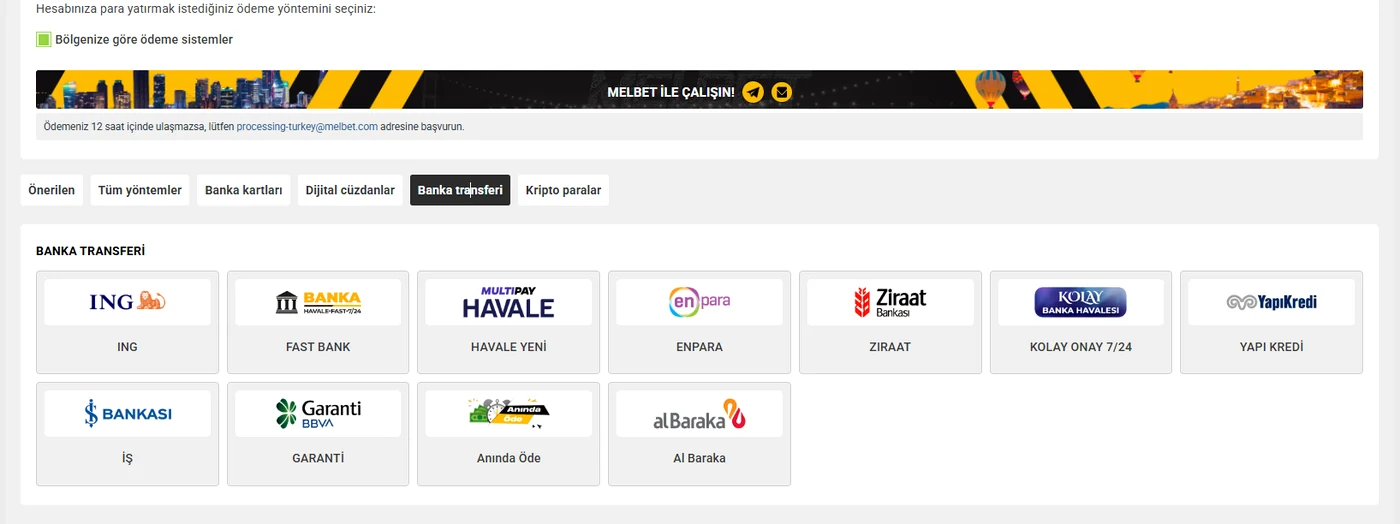 Melbet banka transferi arayüzü: ING, Fast Bank, Multipay Havale, Enpara, Ziraat, Yapı Kredi, İş, Garanti, Anında Öde, Al Baraka