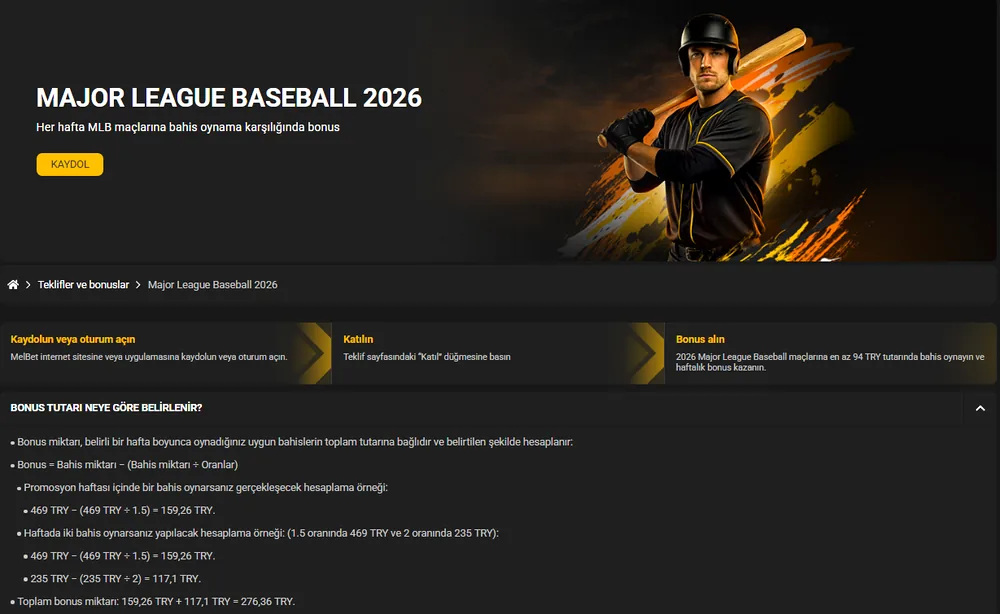 Melbet bonus formülü: Major League Baseball 2026 haftalık hesaplama örnekleri
