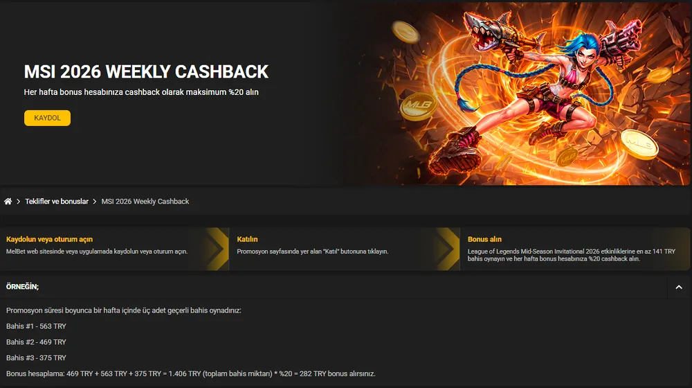 Melbet bonus kampanyası MSI 2026: %20 haftalık cashback ve hesaplama örneği